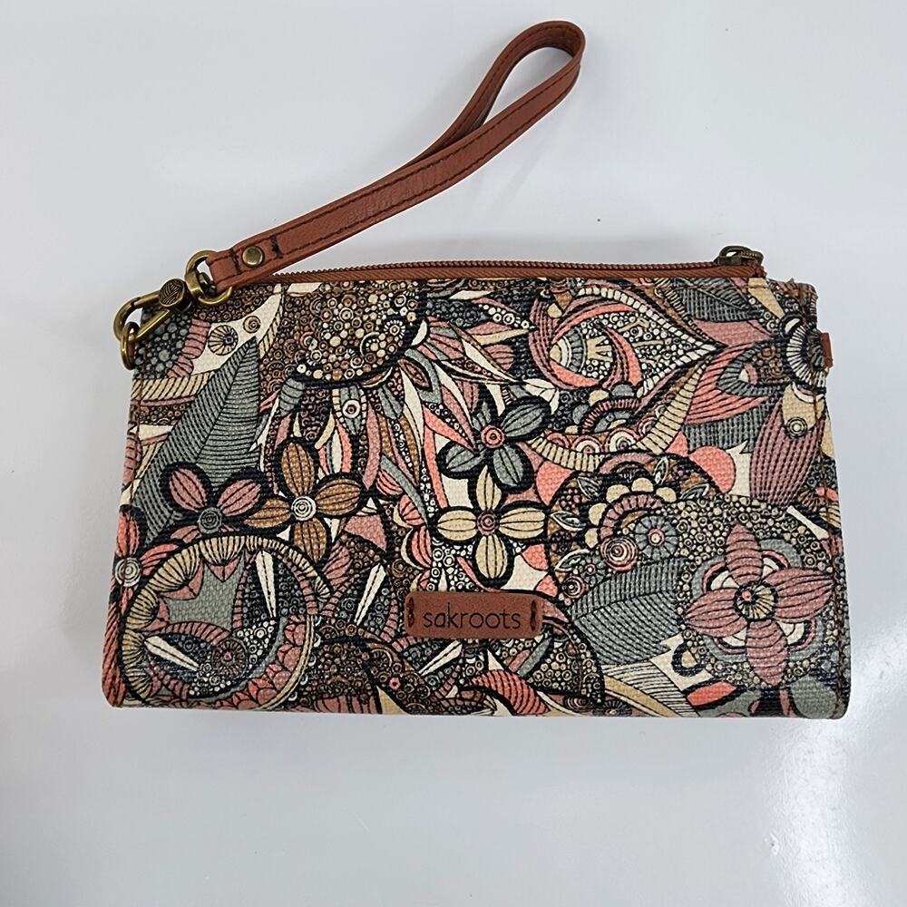 Sakroots Wristlet Wallet Floral Crossbody Strap Brown Phone Pocket Strap Missing - Picture 4 of 16